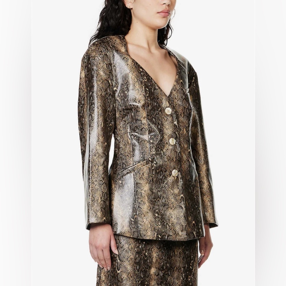 GANNI WOMENS BROWN SNAKESKIN PRINT FAUX LEATHER BLAZER
